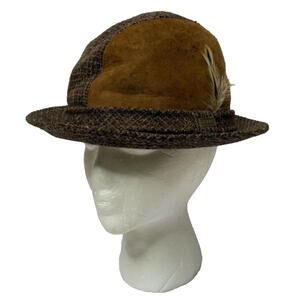 Vintage Dobbs Fifth Avenue Fedora Suede Tweed Hat Pace Setter Feather M 7-7 1/8